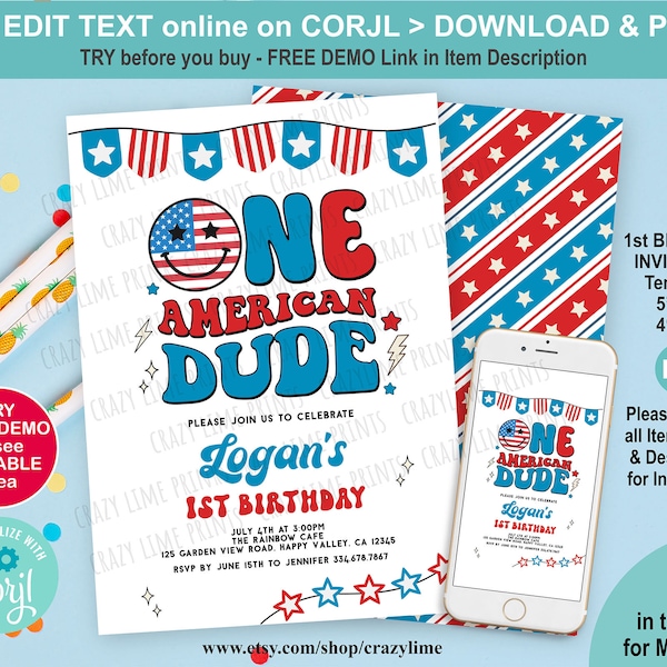 Editable 4th of July Boy 1st Birthday Party Invitation. Kid Baby First Invite Template. One American Dude Smiley Printable Digital J001