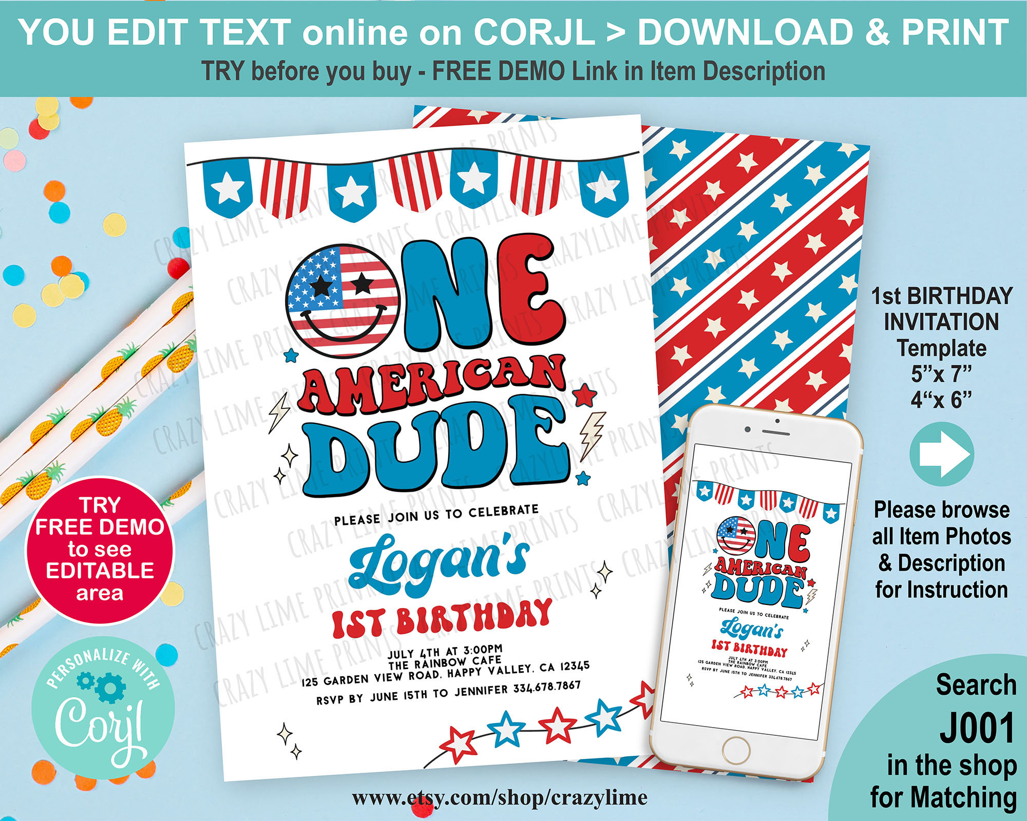 Editable 4th of July Boy 1st Birthday Party Invitation. Kid Baby First Invite Template. One American Dude Printable Digital J001