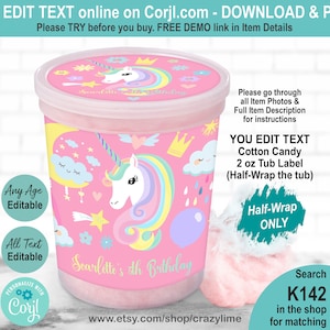 EDITABLE Pink Unicorn Cotton Candy 2 oz Tub Label. Pastel Rainbow Party Favor Wrapper. Printable Personalised Name Text Cute Template. K142