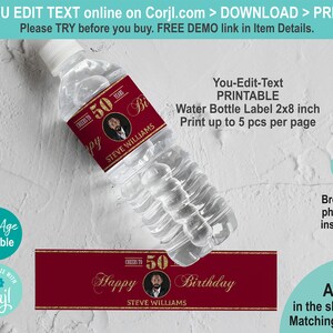 EDITABLE 50th Birthday Water Bottle Label Template. Printable Burgundy ...