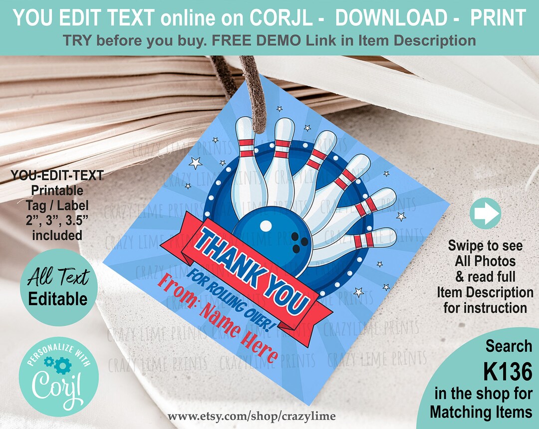 EDITABLE Boy Blue Bowling Party Favor Tag. Birthday Gift Goody Label ...