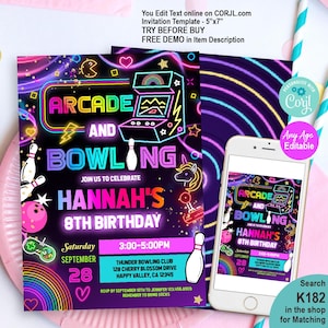Może przedstawiać: Żywe zaproszenie na urodziny w stylu arcade i kręgli. Projekt zawiera neonowe kolory, grafikę automatu do gier i tekst "8. urodziny Hannah". Smartfon wyświetla projekt zaproszenia.