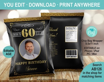 EDITABLE Cheers to 60 Years. 60th Birthday Photo Chip Bag. Black and Gold Crisp Snack Bag Party Favor. Instant Download Printable AB126
