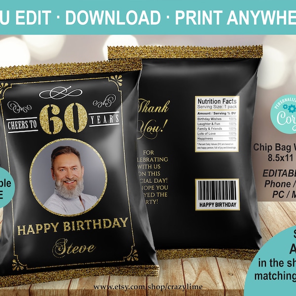 EDITABLE Cheers to 60 Years. 60th Birthday Photo Chip Bag. Black and Gold Crisp Snack Bag Party Favor. Instant Download Printable AB126