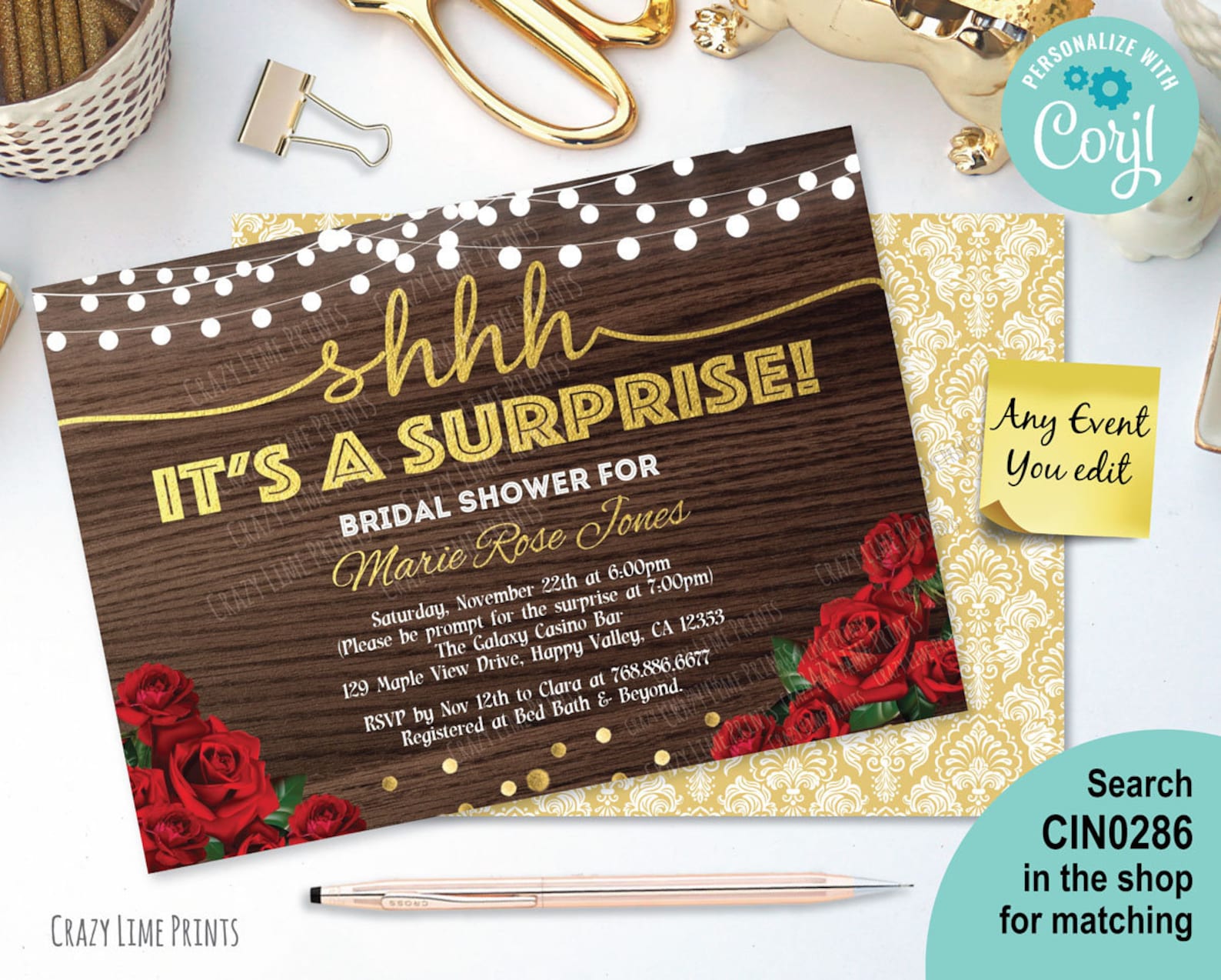 EDITABLE red rose surprise bridal shower invitation. Rustic Etsy