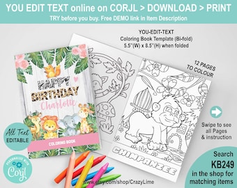 EDITABLE Girl Safari Animals Coloring Book. Pink Kid Birthday Party Activity Party Favor Booklet. Bifold 5.5x8.5 inch. Edit on Corjl  HA906