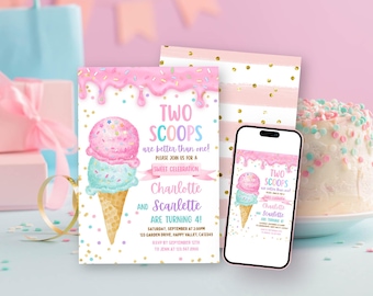 Ice Cream Twins Birthday Invitation. Sweet Siblings Joint Party Invite EDITABLE Template. Pastel Pink Mint G (Printable Download) CK026