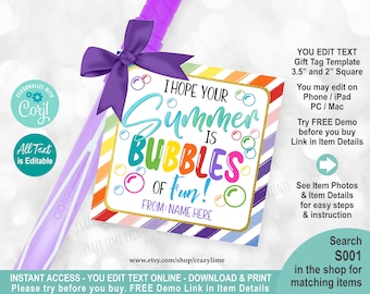 End Of School Year Bubble Wand Gift Tag Editable Template. Personalised Name Label. I hope your summer is bubbles of fun. Edit w Corjl  S001