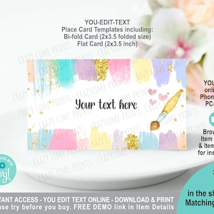 EDITABLE Girl Art Party Place Card Template. Printable Pastel Watercolor Food Buffet Tent Card. Guest Name Table Card. Rainbow Brushes K011