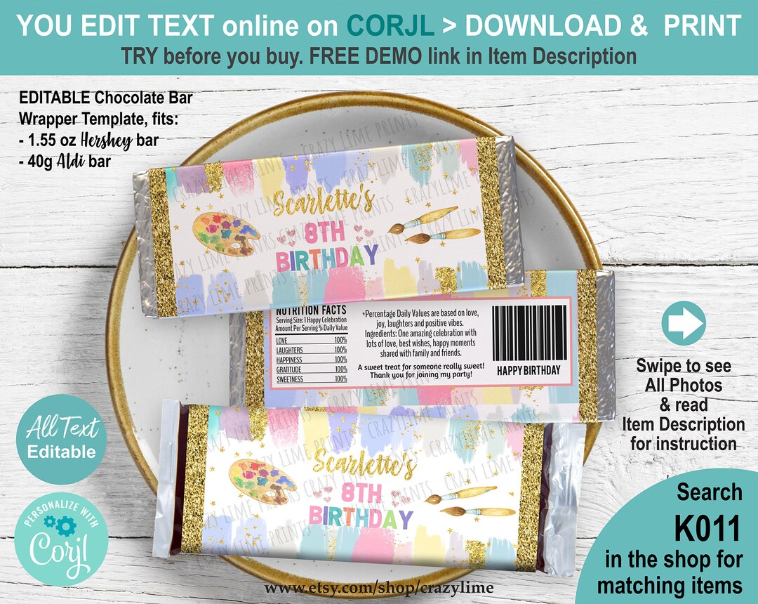 EDITABLE Pastel Art Party Chocolate Candy Bar Wrapper Template ...