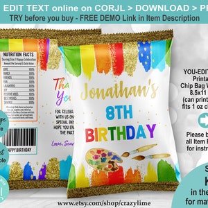EDITABLE Art Party Birthday Chip Bag Template. Personalised Name Paint Craft Rainbow Party Favors Crisp Treat Label Printable File K035