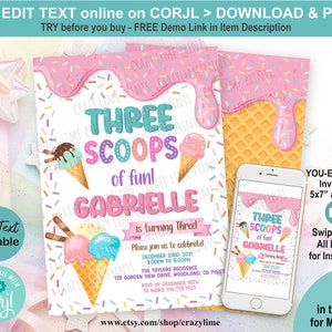 Editable Icecream 3rd Birthday Party Invitation. Kid Girl Pink 3 Scoops of Fun Invite Template. Ice-cream Sprinkles Printable Digital K037