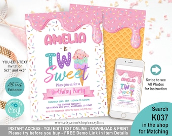 Editable Ice cream Two Sweet 2nd Birthday Party Invitation Template. Cute Girl Invite. Pink Drip Sprinkles Ice-cream Digital File Corjl K037