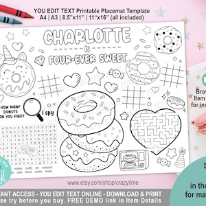 EDITABLE Donut Fourever Sweet 4th Birthday Party Placemat. Personalised Coloring Game Activity Table Decoration. Printable File. Corjl 2039