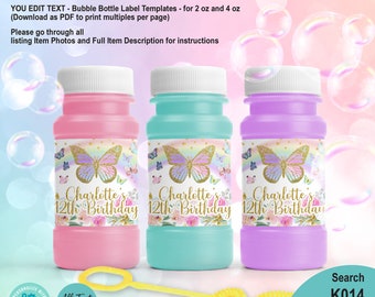 EDITABLE Butterfly 4oz & 2 oz Bubble Bottle Label Template. Pastel Magical Birthday Party Favors Personalised Printable Floral Wrapper K014