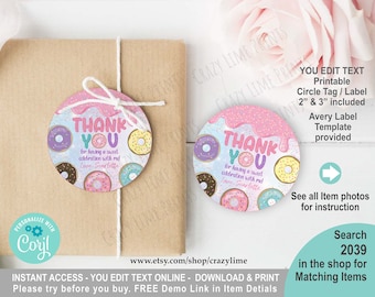 Donut Party Favor Thank You Tag. Personalised Sweet One 1st Birthday Party Gift Tag Sticker. 2 & 3 inch Circles Printable. Edit w Corjl 2039