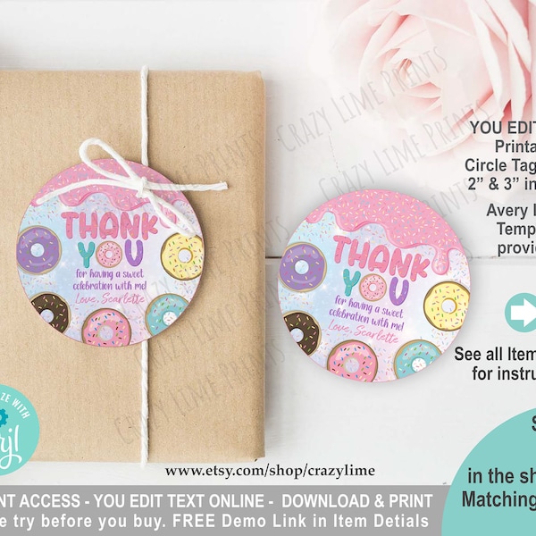 Donut Party Favor Thank You Tag. Personalised Sweet One 1st Birthday Party Gift Tag Sticker. 2 & 3 inch Circles Printable. Edit w Corjl 2039