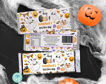 EDITABLE Halloween Boo Birthday Chocolate Candy Bar Wrapper. Cute Ghost Kid Party Treat Label Printable Template Corjl Download HA936