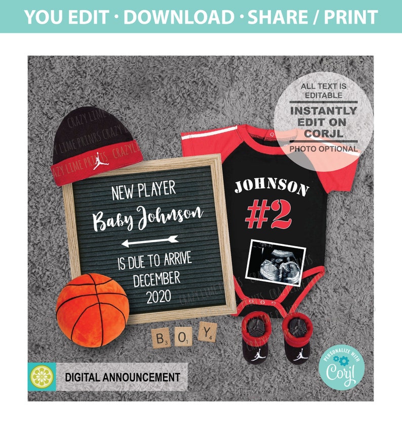 Basketball Pregnancy Announcement Social Media EDITABLE Baby Etsy