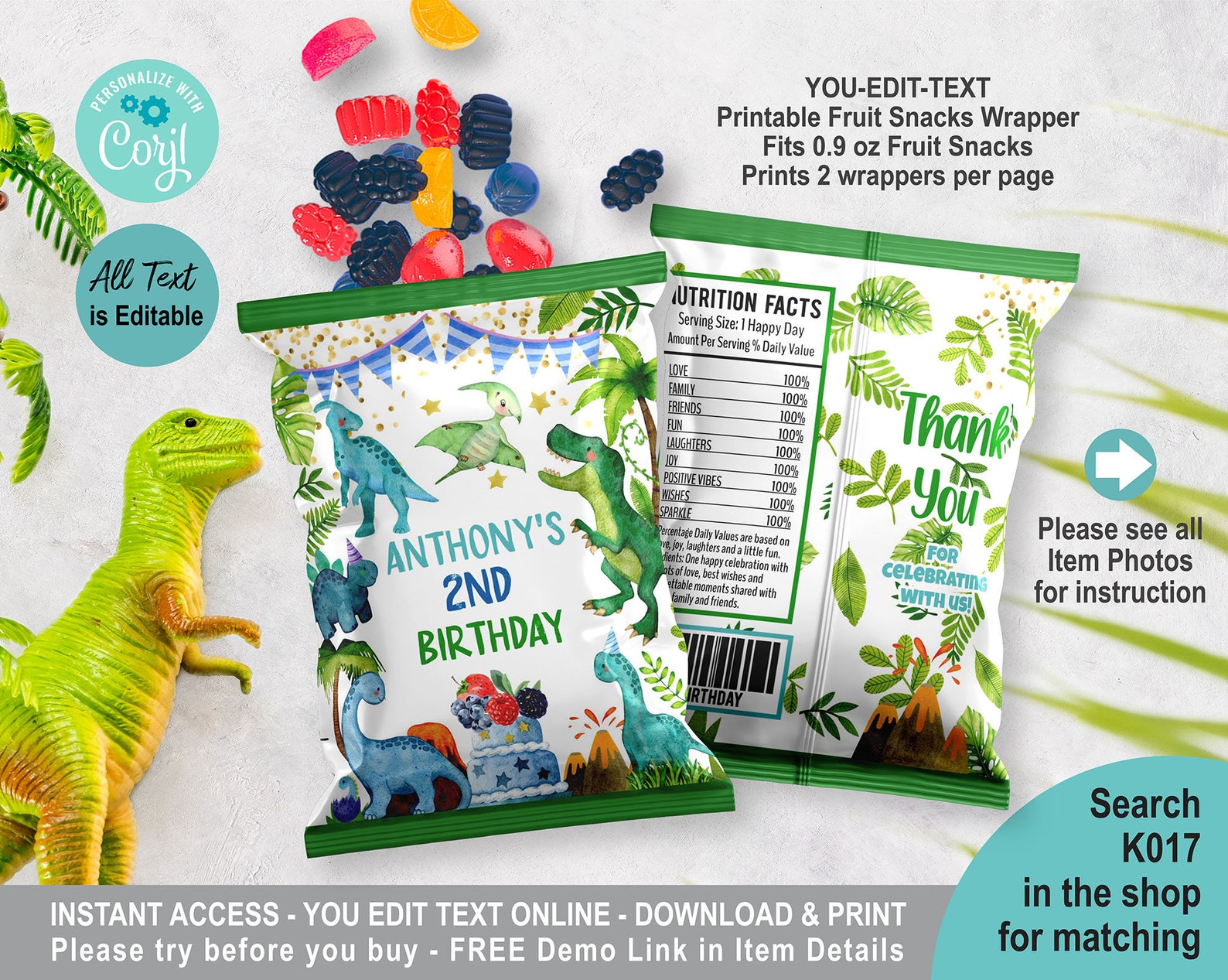 EDITABLE Dinosaur Fruit Snacks Wrapper Template. Cute Dino Etsy