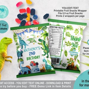 EDITABLE Dinosaur Fruit Candy Snack Wrapper Template. Cute Dino T-rex Boy Birthday Party Favor. Personalised Name Party Treat Package K017