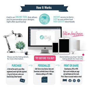 May include: How Corjl works: an online tool that allows you to personalize your designs after purchasing.  The image shows a computer screen with the Corjl logo, a lamp, a plant, and two phones.  The text on the screen says "Edit on Any Device".  The image also includes three boxes with the headings "Purchase", "Personalize", and "Print or Share".