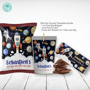 May include: A set of printable party favor labels featuring a space-themed design with a rocket, planets, and an astronaut. The labels are personalized with the name "Sebastian's" and the text "1st Trip Around the Sun!" The set includes labels for a 1 oz chip bag, a juice pouch, and a candy bar wrapper.
