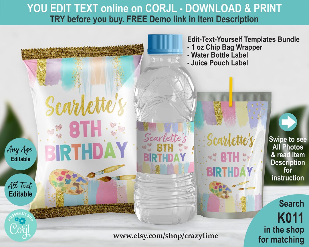 EDITABLE Pastel Art Birthday Party Favors Bundle Set of 3 Etsy