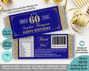 EDITABLE 60th Birthday Chocolate Candy Bar Wrapper Personalised Template. Printable  Adult Man Birthday Party Favor Label. Blue Gold AB126