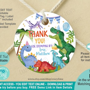 EDITABLE Dinosaur Party Favor Tag. Personalised Cute Dino Kid Boy Party Thank You Gift Tag Label. 2 and 3 inch Circles Printable Corjl K133