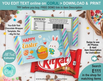 EDITABLE Happy Easter Bunny Chick Chocolate Wrapper Template. Personalised Party Favors Treat. Candy Snack Bar Label Rainbow Egg Basket E111