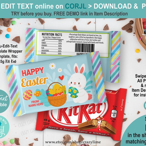 EDITABLE Happy Easter Bunny Chick Chocolate Wrapper Template. Personalised Party Favors Treat. Candy Snack Bar Label Rainbow Egg Basket E111
