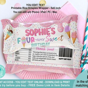 Peut inclure: Emballage de friandises Rice Krispies imprimable avec un fond rose et blanc. L'emballage pr&eacute;sente un motif color&eacute; de cornet de glace et le texte "Sophie's Four-ever Sweet Birthday".