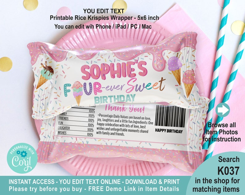 Peut inclure: Emballage de friandises Rice Krispies imprimable avec un fond rose et blanc. L'emballage pr&eacute;sente un motif color&eacute; de cornet de glace et le texte "Sophie's Four-ever Sweet Birthday".