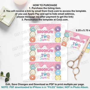 May include: Printable 3.25 x 5.75 inch favor tags featuring a donut theme with the text "Brooklyn is Two Sweet". The tags are pink with white sprinkles and colorful donuts.
