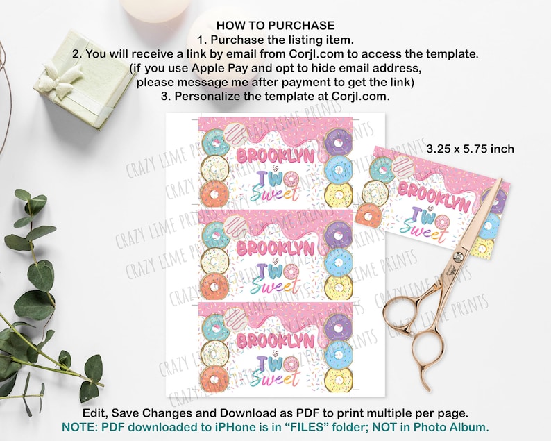 May include: Printable 3.25 x 5.75 inch favor tags featuring a donut theme with the text "Brooklyn is Two Sweet". The tags are pink with white sprinkles and colorful donuts.