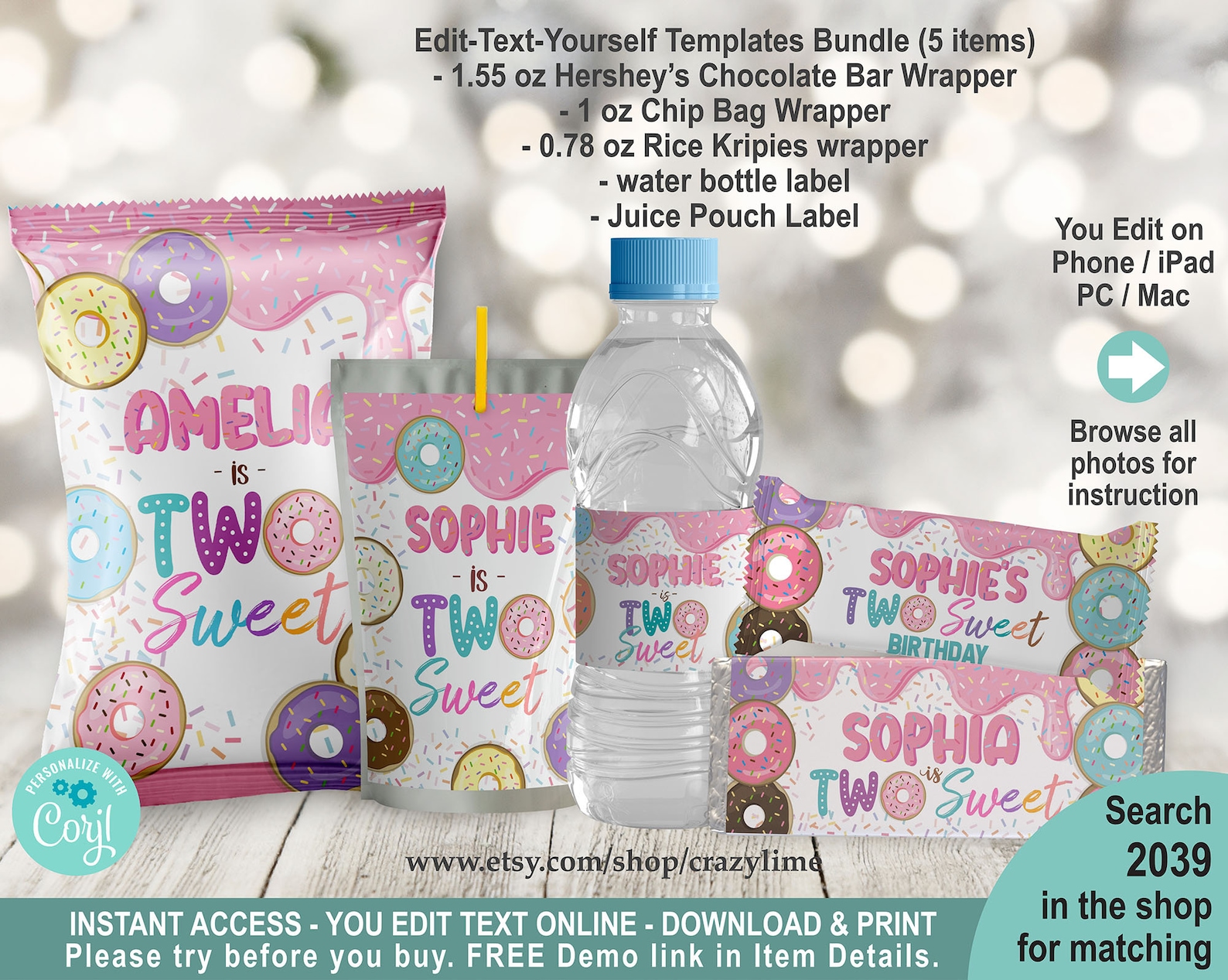 EDITABLE Donut Two Sweet 2nd Birthday Party Favors Bundle 5 Templates ...