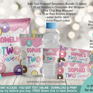 EDITABLE Donut Two Sweet 2nd Birthday Party Favors Bundle 5 Templates. Printable Pink Girl Party Treat. Personalised Chip Bag Chocolate 2039