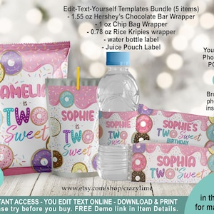 EDITABLE Donut Two Sweet 2nd Birthday Party Favors Bundle Template. Printable Pink Girl Party Treat. Personalised Chip Bag Chocolate 2039