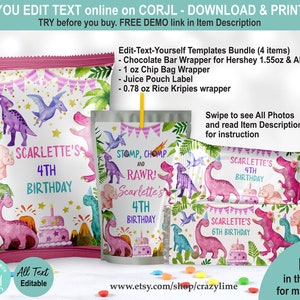 EDITABLE Girl Dinosaur Birthday Party Favors Bundle Set of 4 Templates. Pink T-rex Printable Cute Dino Treats Chip Bag Chocolate Label K017