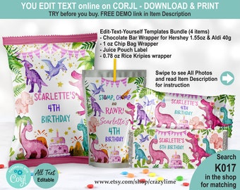 May include: A set of printable dinosaur-themed party favor labels and wrappers. The labels feature a pink, blue, and green watercolor dinosaur design with the text "Scarlette's 4th Birthday". The wrappers feature a similar design with the text "Stomp, Chomp and Rawr! Scarlette's 4th Birthday".