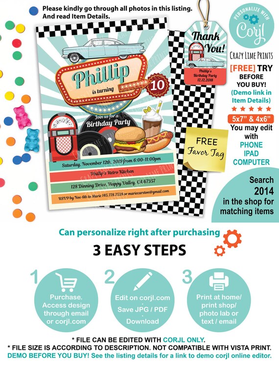 Printable 1950/'s Diner Retro Invitation YOU EDIT PRINT Digital PDF /& JPG Corjl