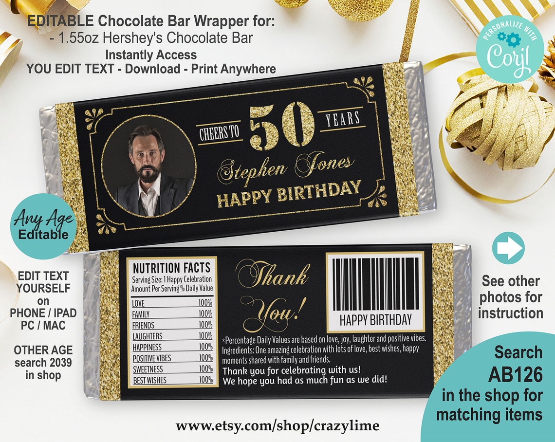 EDITABLE 50th Birthday Chocolate Candy Bar Wrapper - Etsy