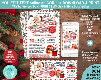 May include: A Christmas-themed invitation template with a Santa Claus illustration, text that reads "Breakfast with Santa," and a ticket template. The design includes red, white, and green colors, with snowflakes and holly accents. The invitation is available in multiple sizes.