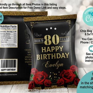 EDITABLE Woman 80th Birthday Chip Bag Wrapper. Red Rose Black Gold 80th Birthday Snack Bag Party Favor. Printable Packaging AB226