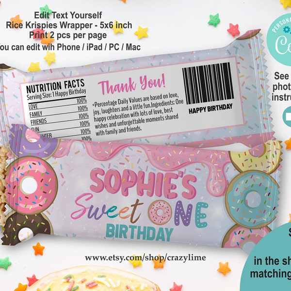 Donut Sweet One Krispie Rice Wrapper Template. EDITABLE Treat Label. Personalised Printable Donut 1st Birthday Party Favour. Pastel 2039