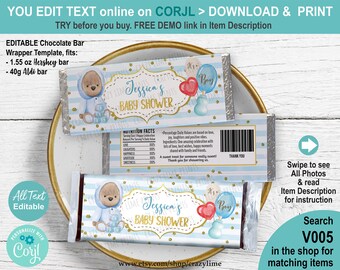 EDITABLE Valentine's Day Bear Boy Baby Shower Chocolate Candy Bar Wrapper Template. Printable Personalised Treat Party Favor. Blue Gold V005