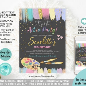 Art Birthday Party Invitation. Girl Painting Party Invite Editable Template. Canvas Craft Rainbow Pastel Glitter Crayon Brush. Corjl K011