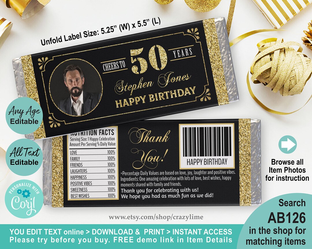 EDITABLE 50th Birthday Chocolate Candy Bar Wrapper - Etsy