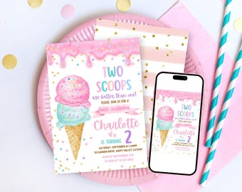 Ice Cream Birthday Invitation. 2 Scoops Girl 2nd Birthday Party Here's the Scoop EDITABLE Invite Watercolor Printable Download CK026